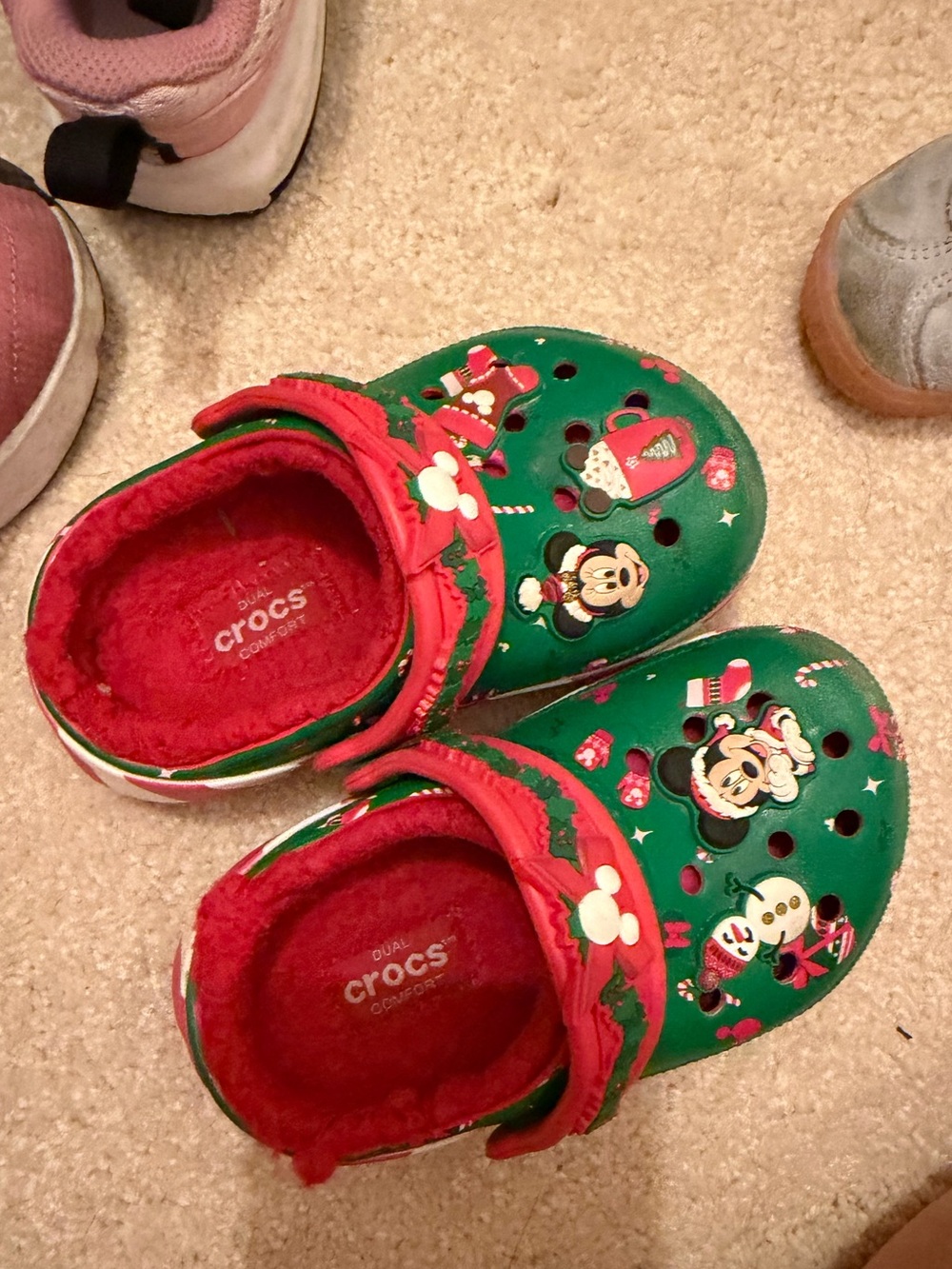 CROCS Green & Red Mickey Holiday Fuzzy-Lined Kids Clogs